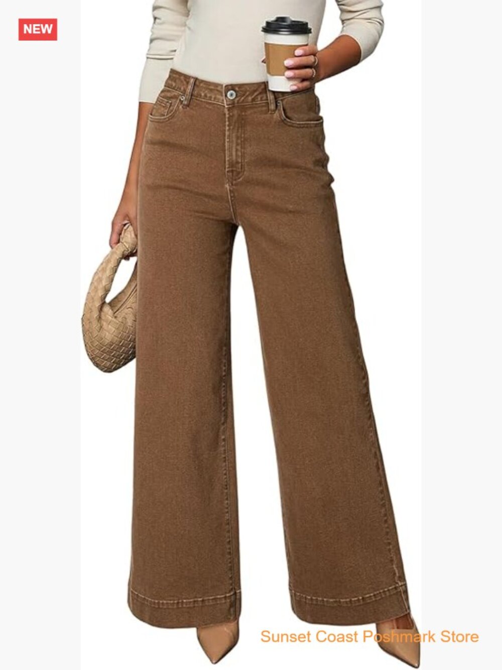 High Waisted Wide Leg Stretch Denim Pants with Pockets - Picture 1 of 7